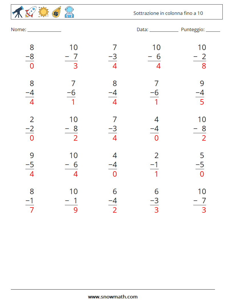 (25) Sottrazione in colonna fino a 10 Fogli di lavoro di matematica 6 Domanda, Risposta