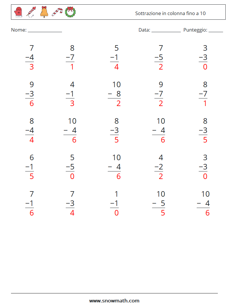 (25) Sottrazione in colonna fino a 10 Fogli di lavoro di matematica 7 Domanda, Risposta