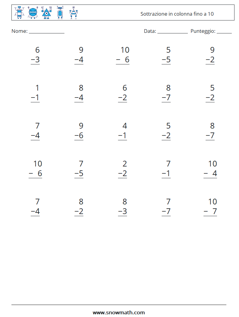 (25) Sottrazione in colonna fino a 10 Fogli di lavoro di matematica 8