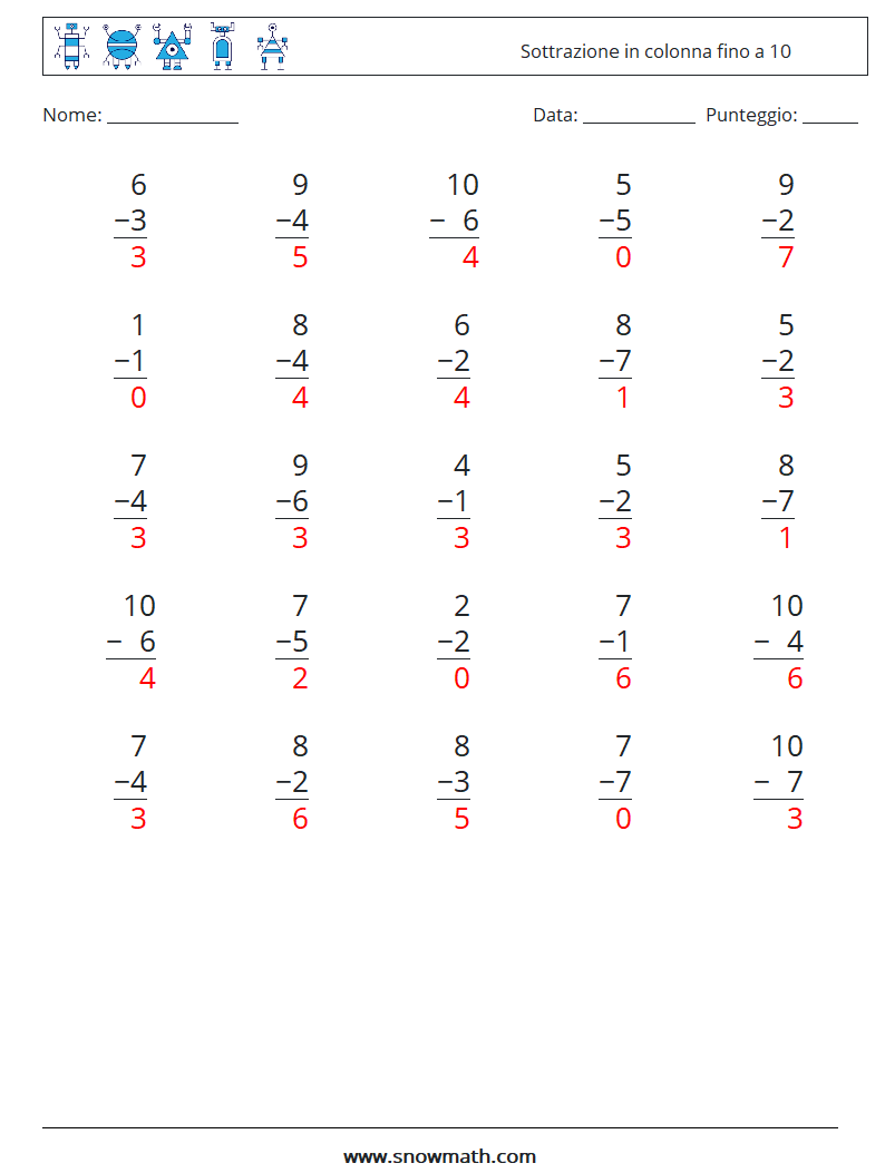 (25) Sottrazione in colonna fino a 10 Fogli di lavoro di matematica 8 Domanda, Risposta