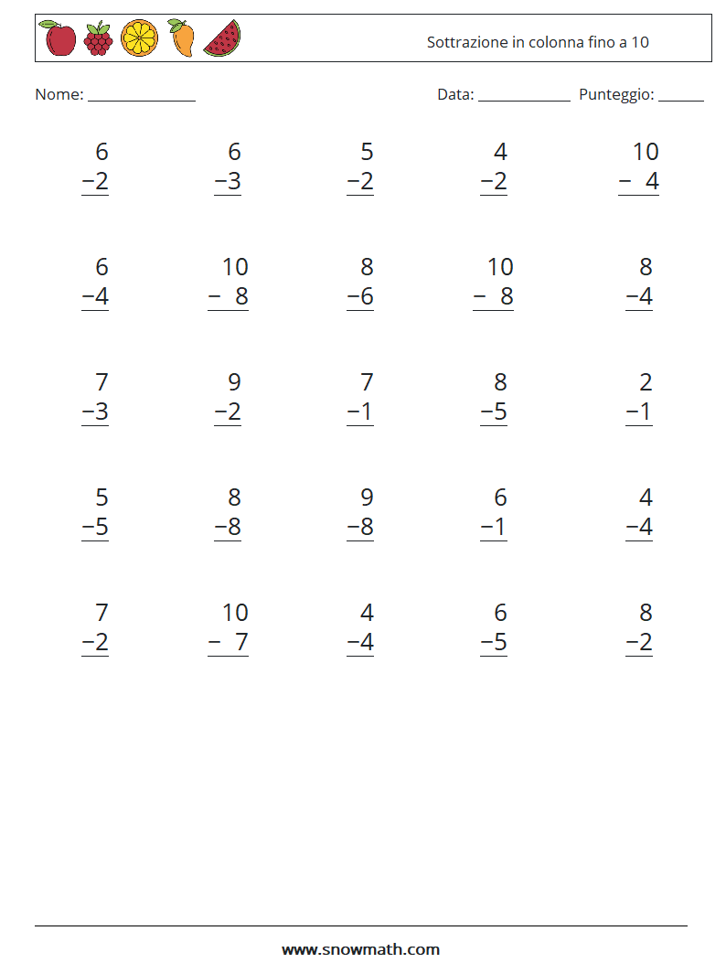 (25) Sottrazione in colonna fino a 10 Fogli di lavoro di matematica 9