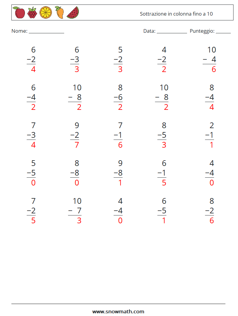 (25) Sottrazione in colonna fino a 10 Fogli di lavoro di matematica 9 Domanda, Risposta