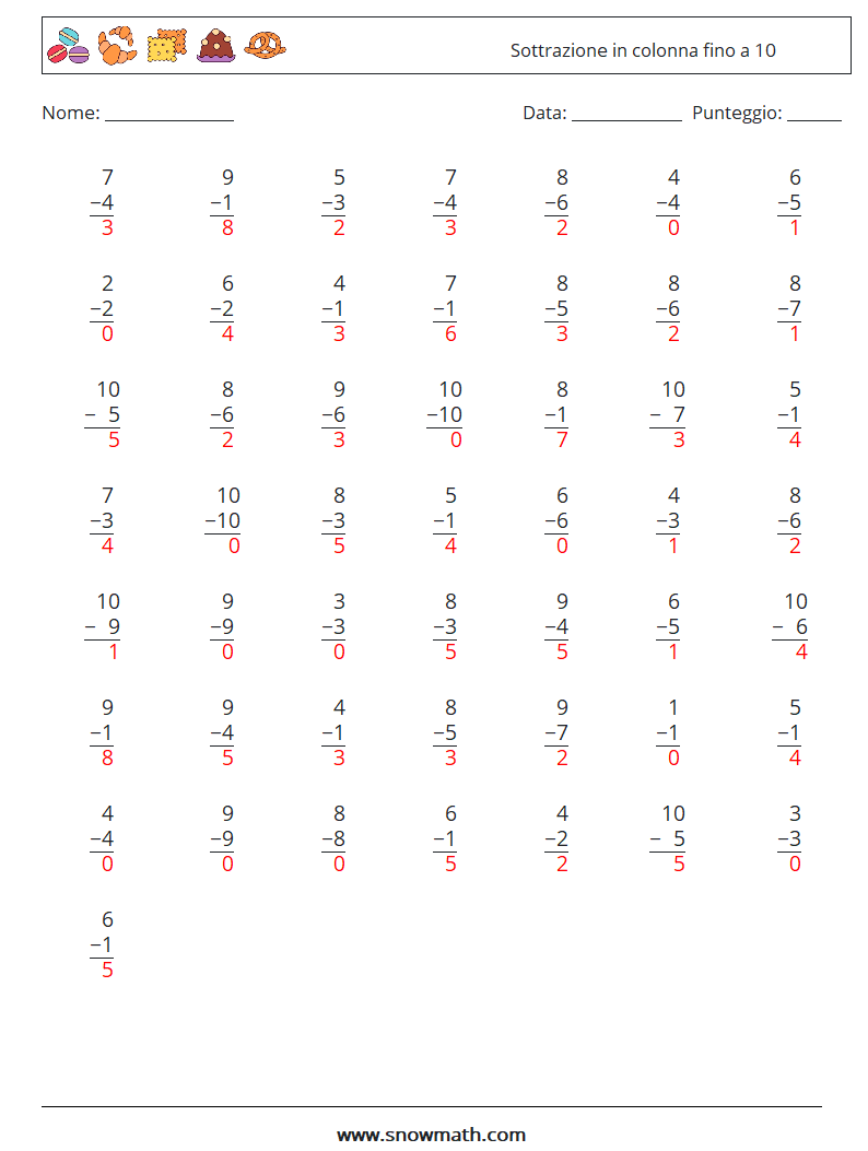 (50) Sottrazione in colonna fino a 10 Fogli di lavoro di matematica 3 Domanda, Risposta