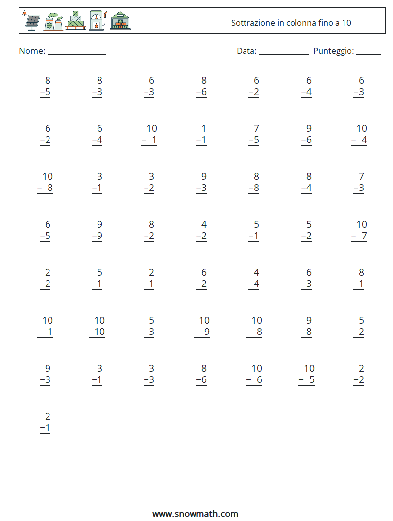 (50) Sottrazione in colonna fino a 10 Fogli di lavoro di matematica 4
