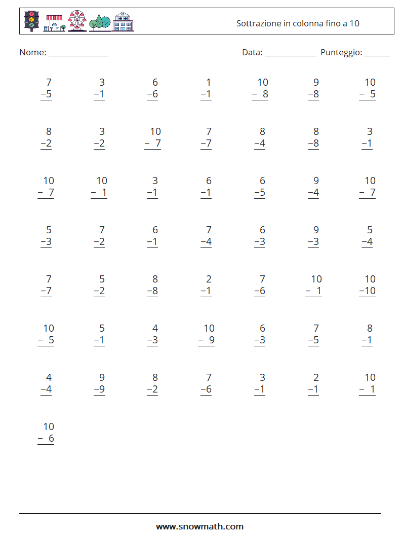 (50) Sottrazione in colonna fino a 10 Fogli di lavoro di matematica 5