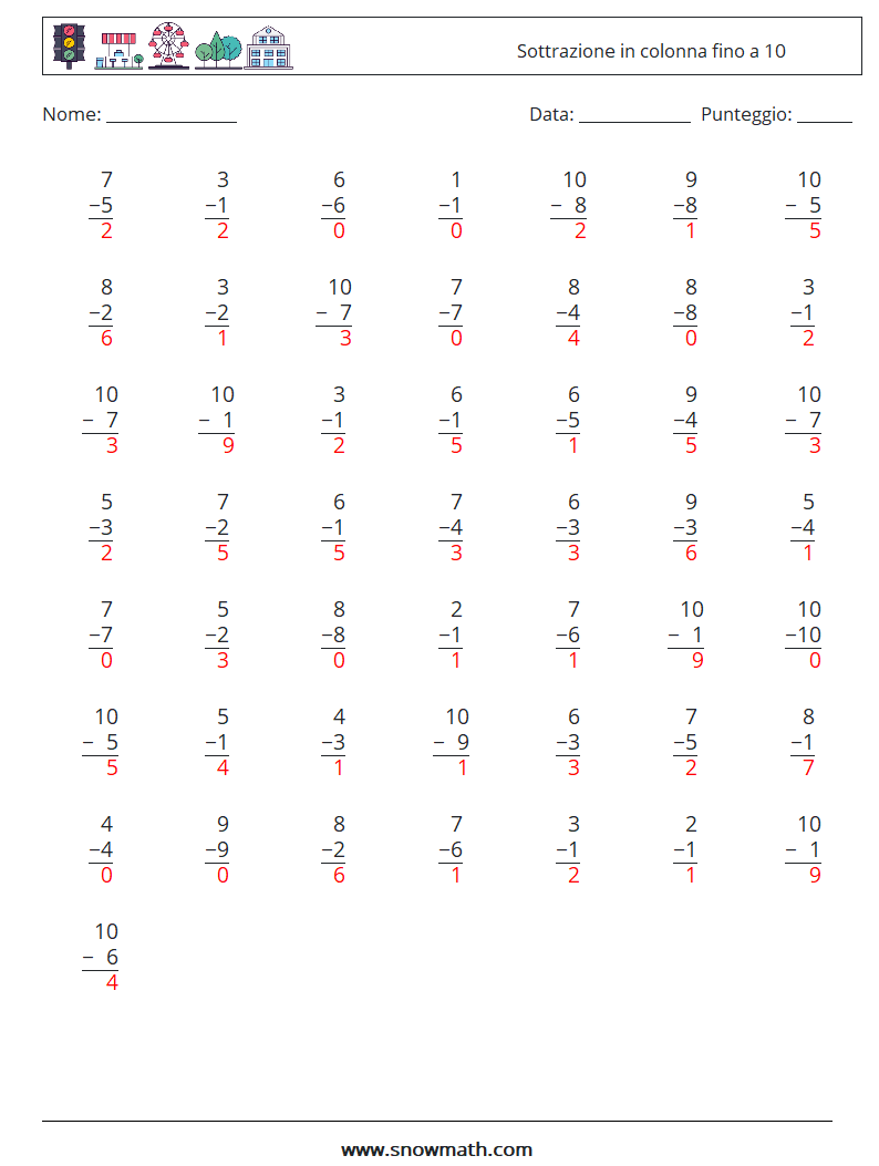(50) Sottrazione in colonna fino a 10 Fogli di lavoro di matematica 5 Domanda, Risposta