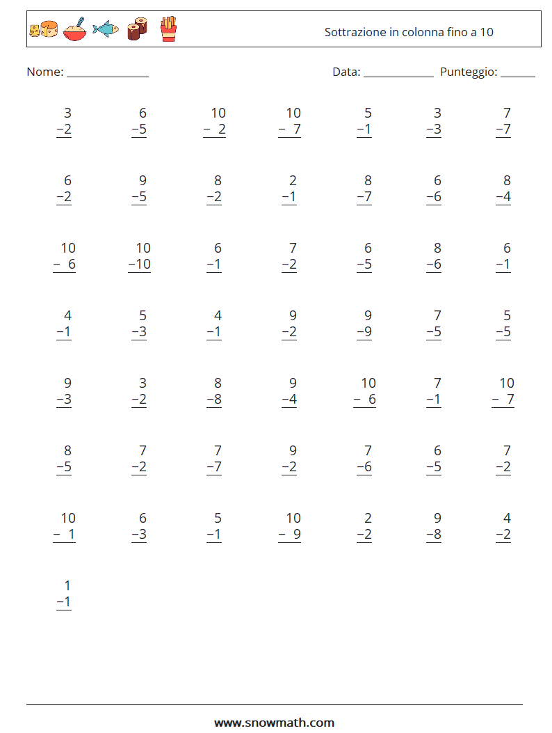 (50) Sottrazione in colonna fino a 10 Fogli di lavoro di matematica 7