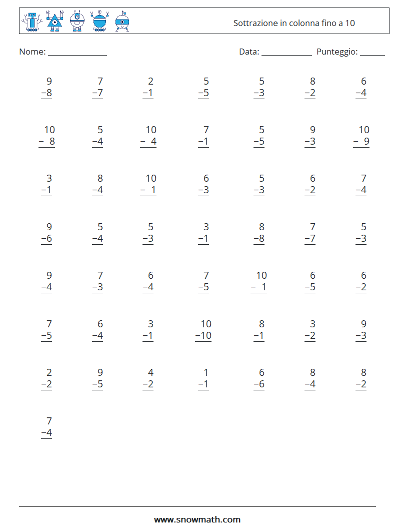 (50) Sottrazione in colonna fino a 10 Fogli di lavoro di matematica 8