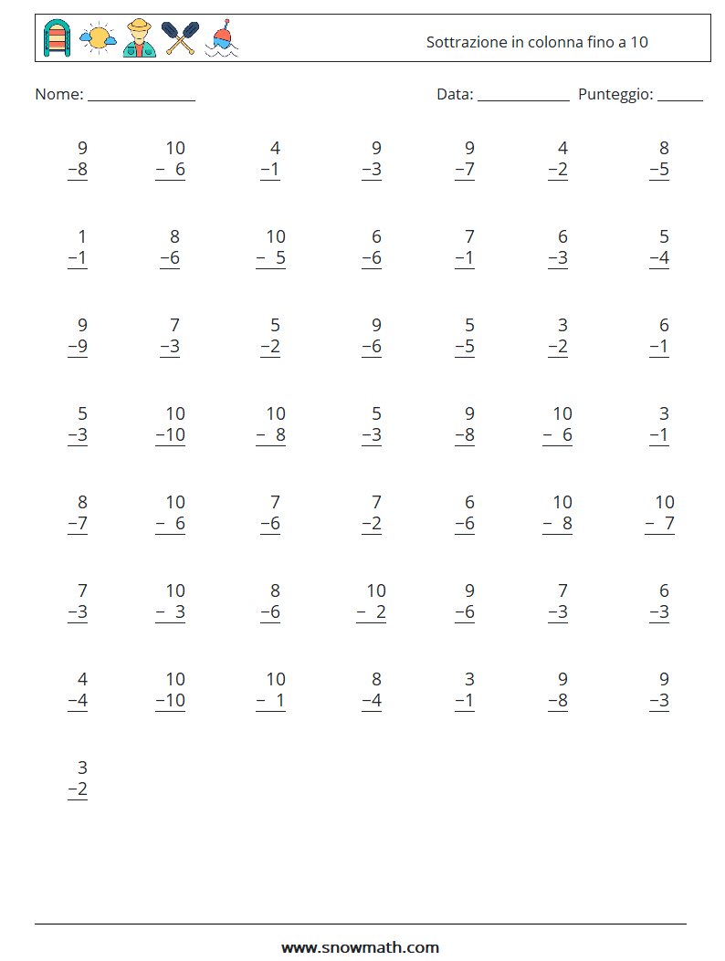 (50) Sottrazione in colonna fino a 10 Fogli di lavoro di matematica 9