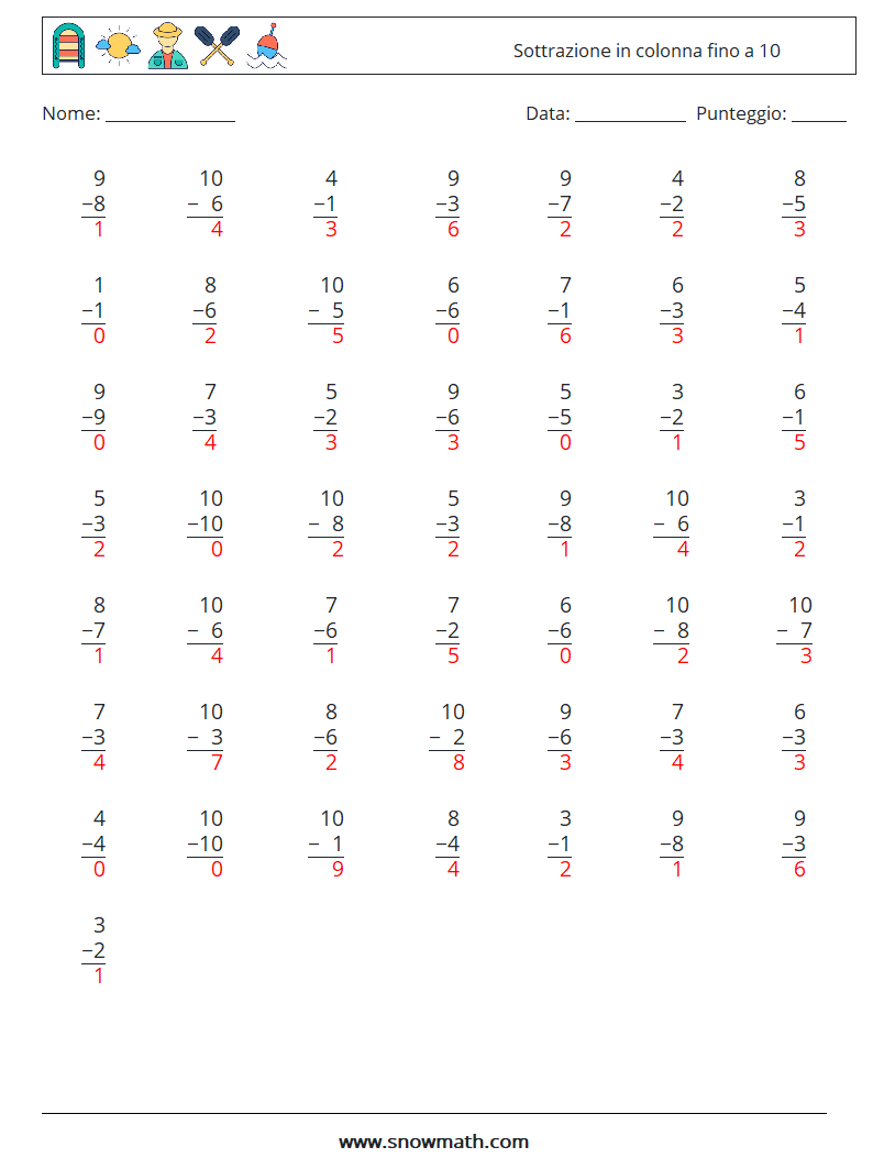(50) Sottrazione in colonna fino a 10 Fogli di lavoro di matematica 9 Domanda, Risposta
