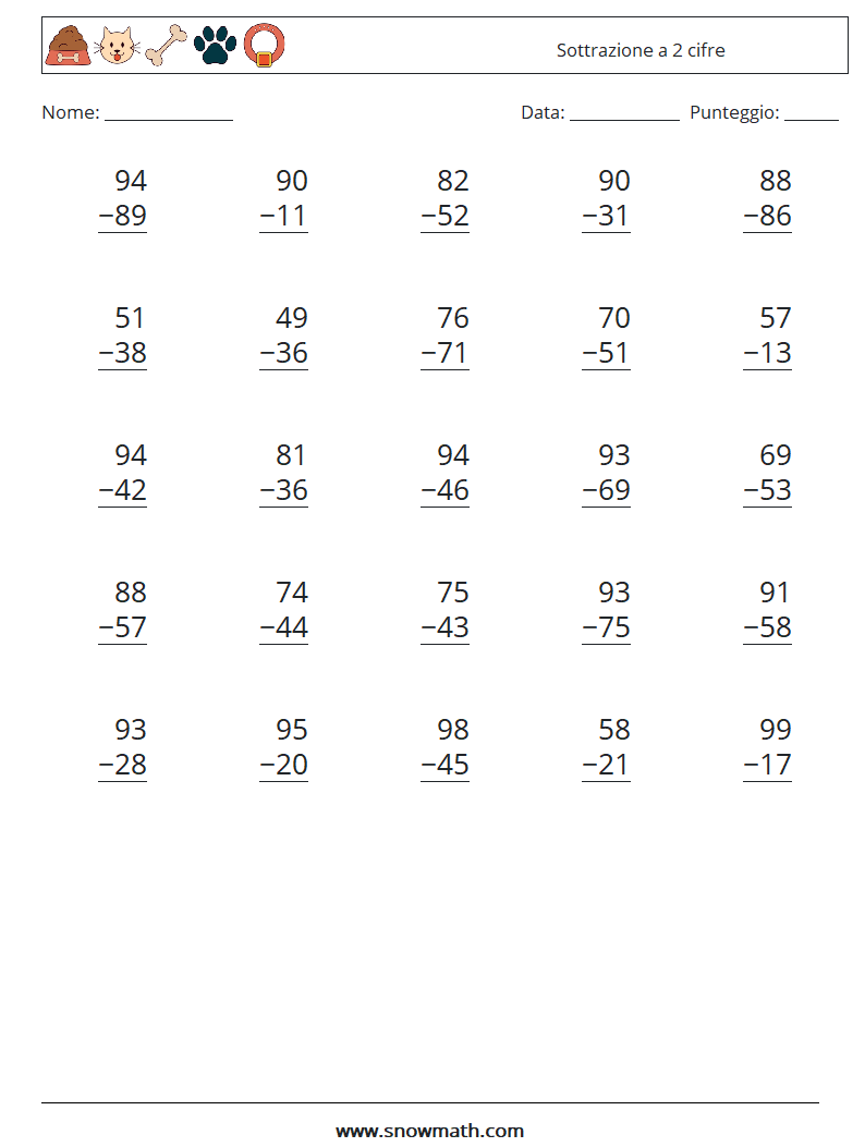 (25) Sottrazione a 2 cifre Fogli di lavoro di matematica 1