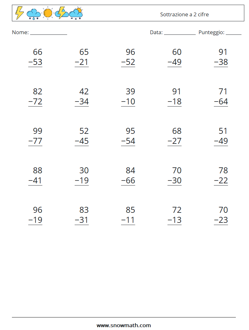 (25) Sottrazione a 2 cifre Fogli di lavoro di matematica 2
