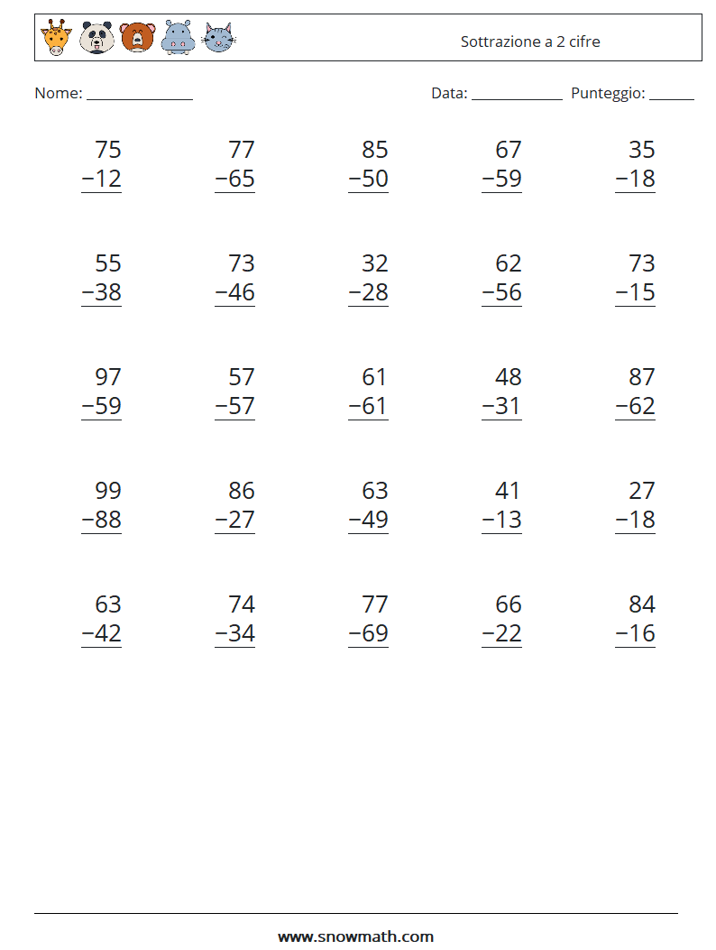 (25) Sottrazione a 2 cifre Fogli di lavoro di matematica 3