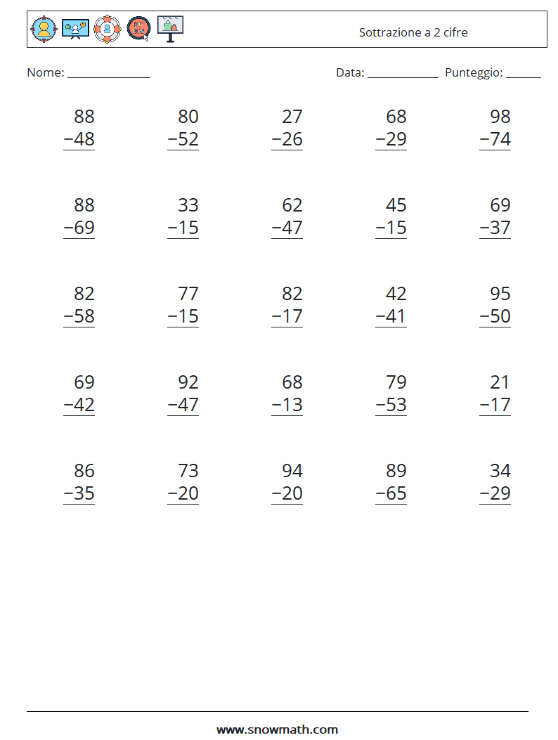 (25) Sottrazione a 2 cifre Fogli di lavoro di matematica 9