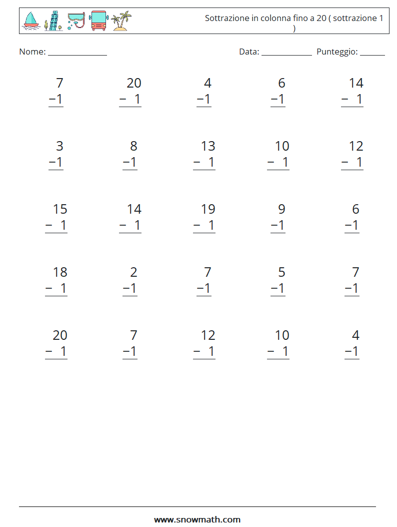 (25) Sottrazione in colonna fino a 20 ( sottrazione 1 ) Fogli di lavoro di matematica 1