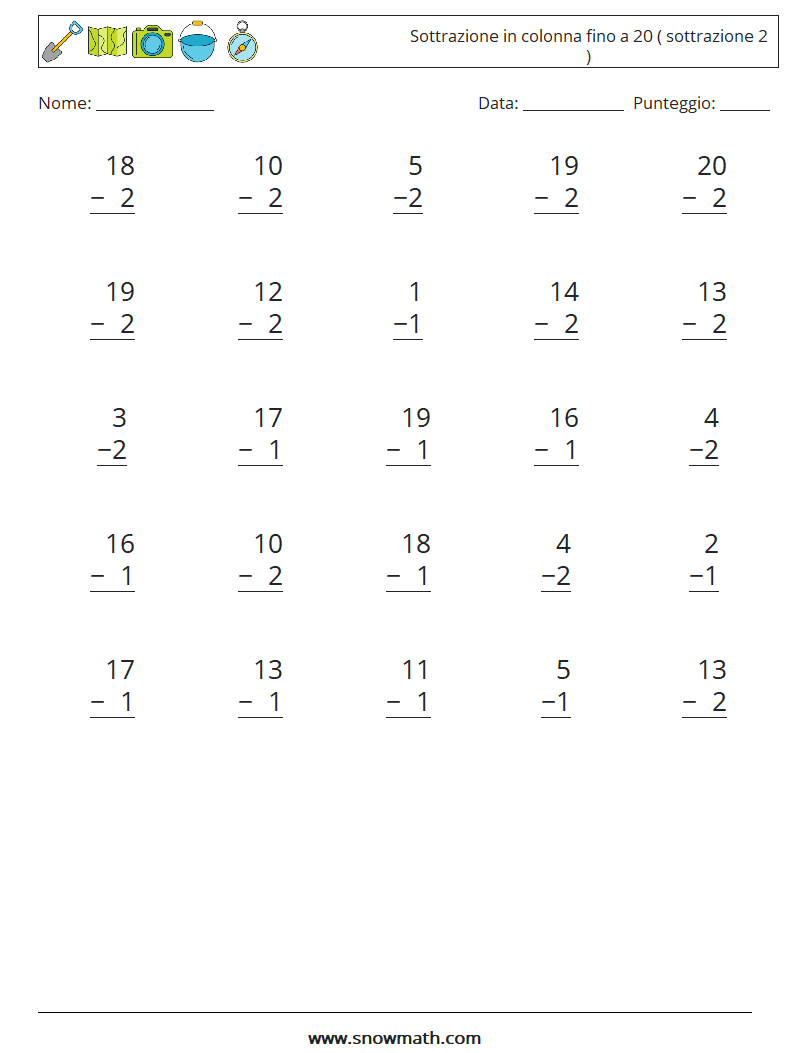 (25) Sottrazione in colonna fino a 20 ( sottrazione 2 )