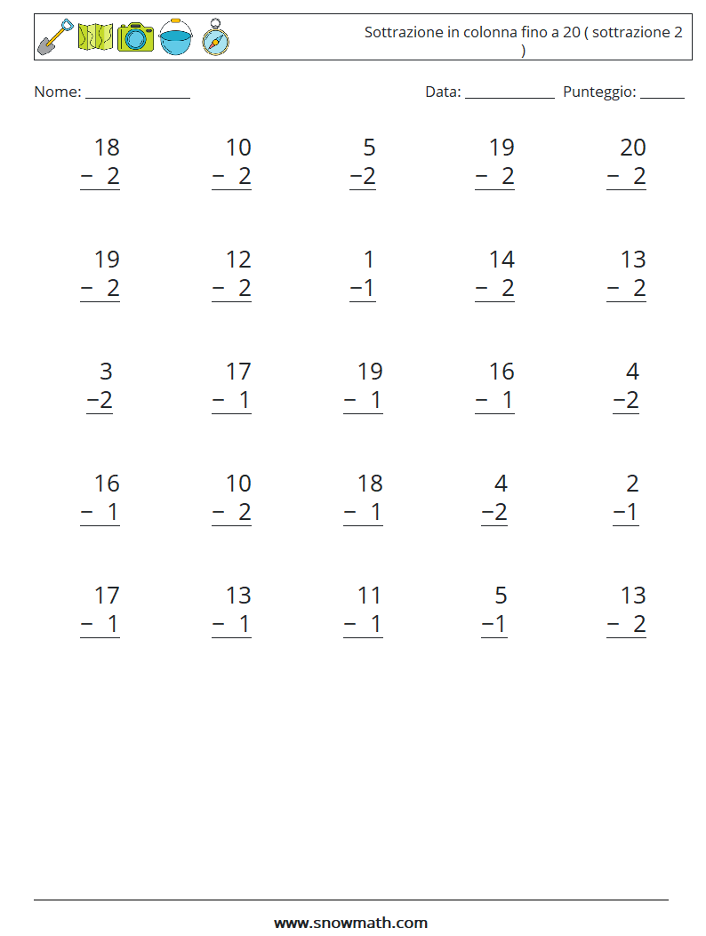 (25) Sottrazione in colonna fino a 20 ( sottrazione 2 ) Fogli di lavoro di matematica 1