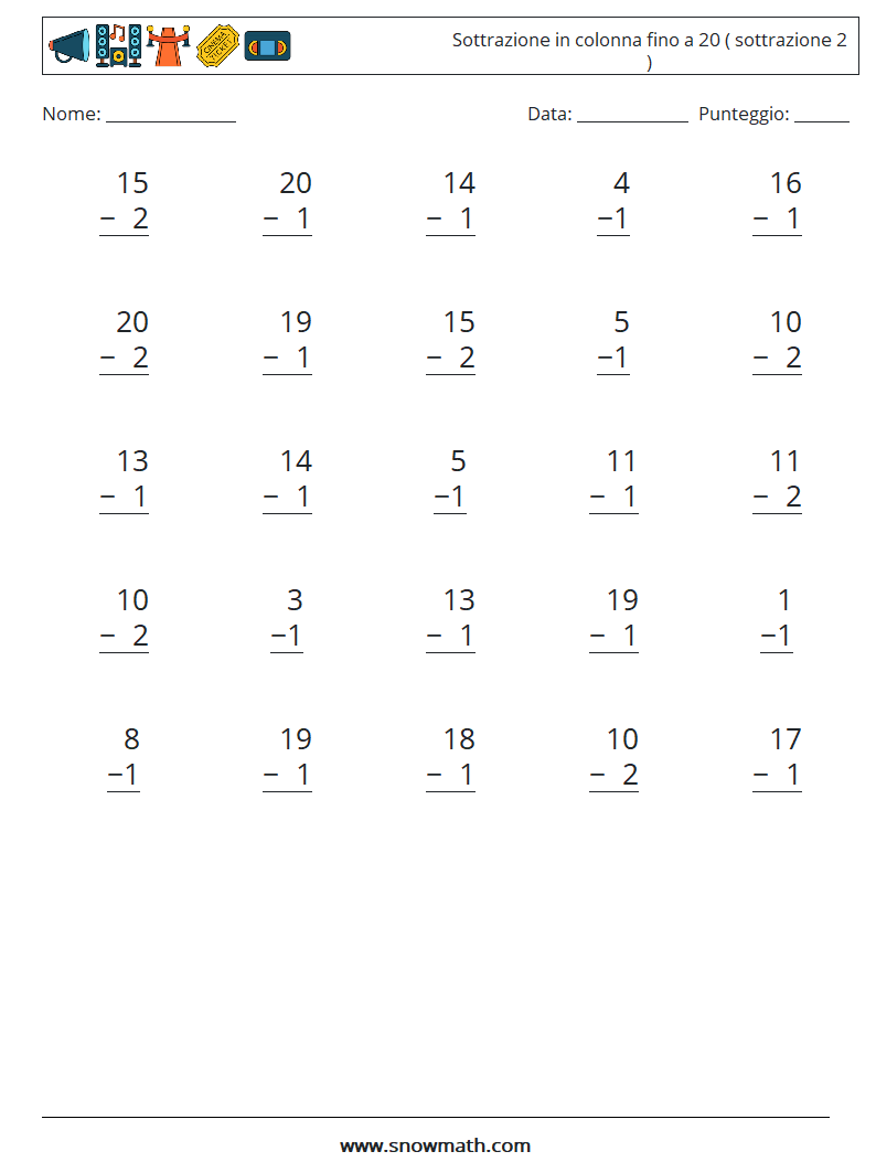 (25) Sottrazione in colonna fino a 20 ( sottrazione 2 ) Fogli di lavoro di matematica 10