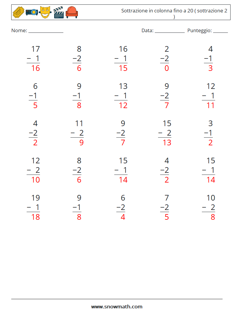 (25) Sottrazione in colonna fino a 20 ( sottrazione 2 ) Fogli di lavoro di matematica 12 Domanda, Risposta