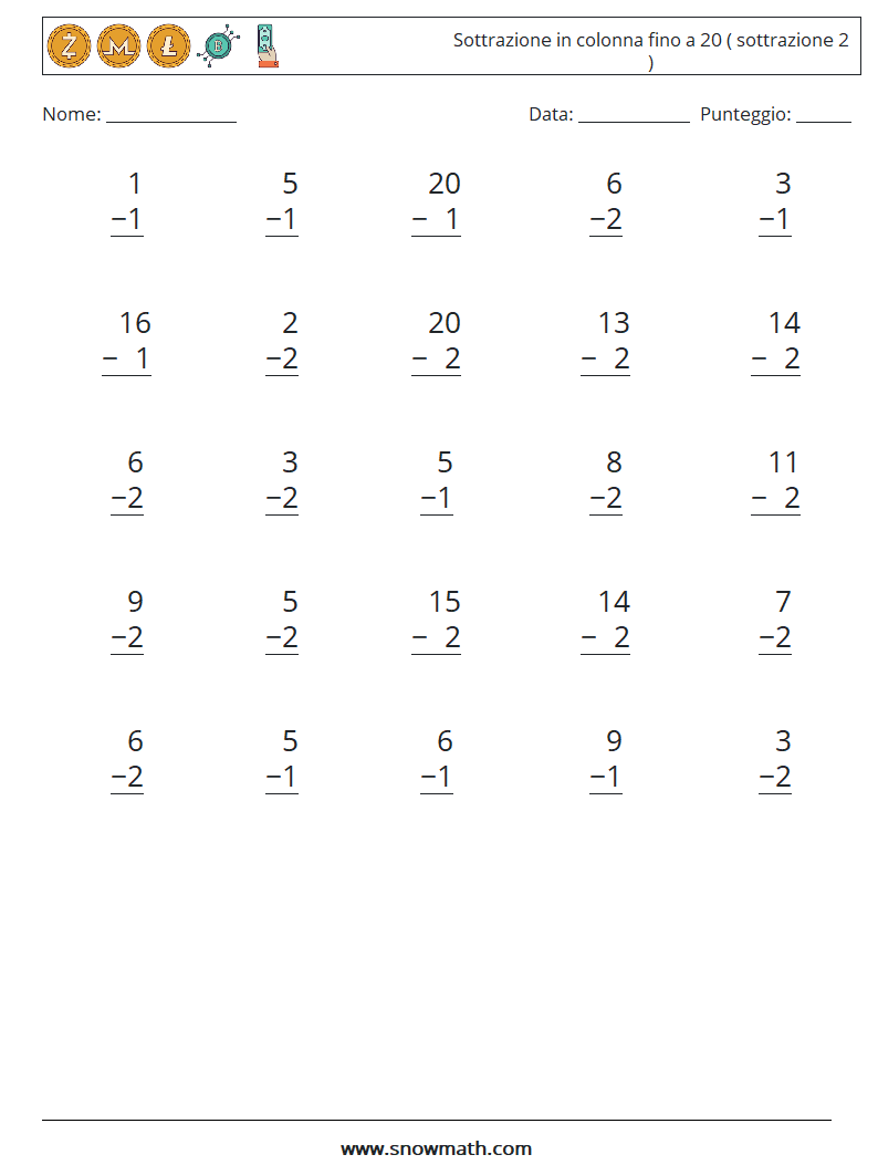 (25) Sottrazione in colonna fino a 20 ( sottrazione 2 ) Fogli di lavoro di matematica 13