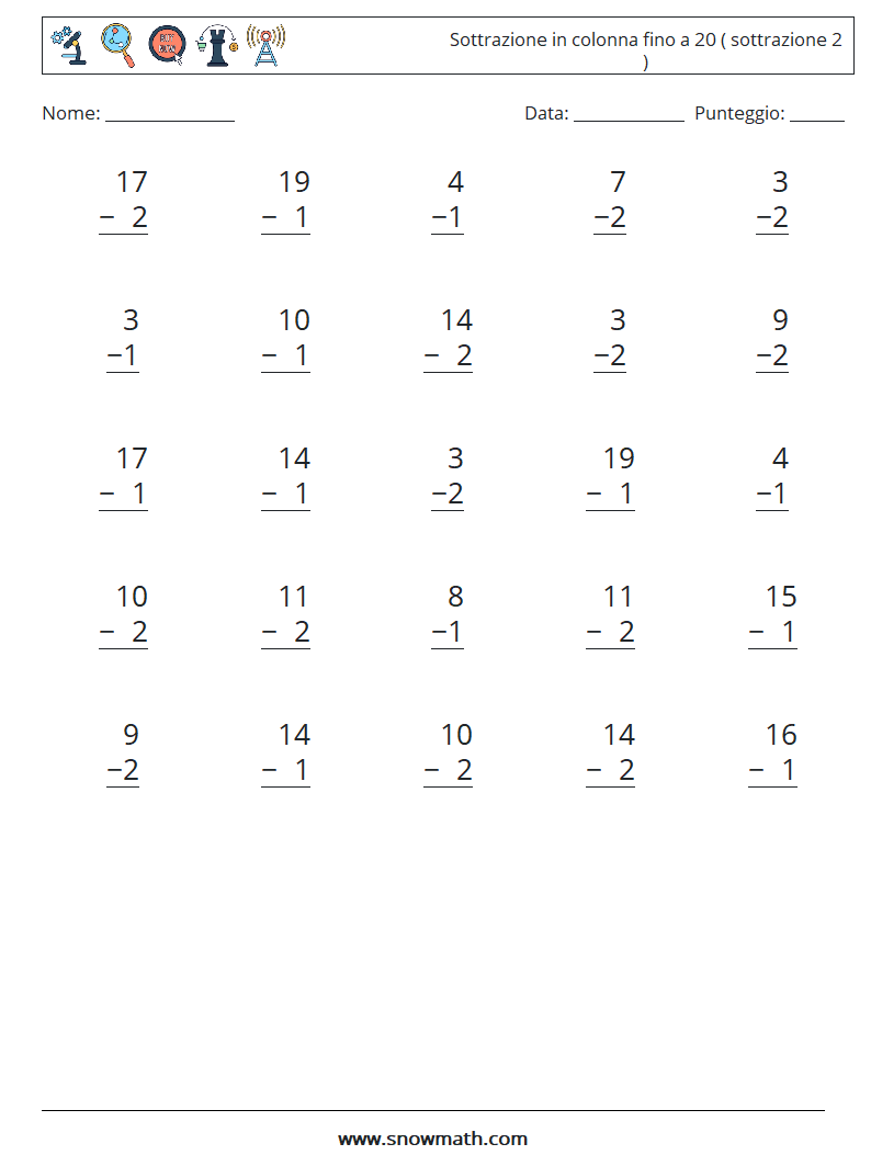 (25) Sottrazione in colonna fino a 20 ( sottrazione 2 ) Fogli di lavoro di matematica 14