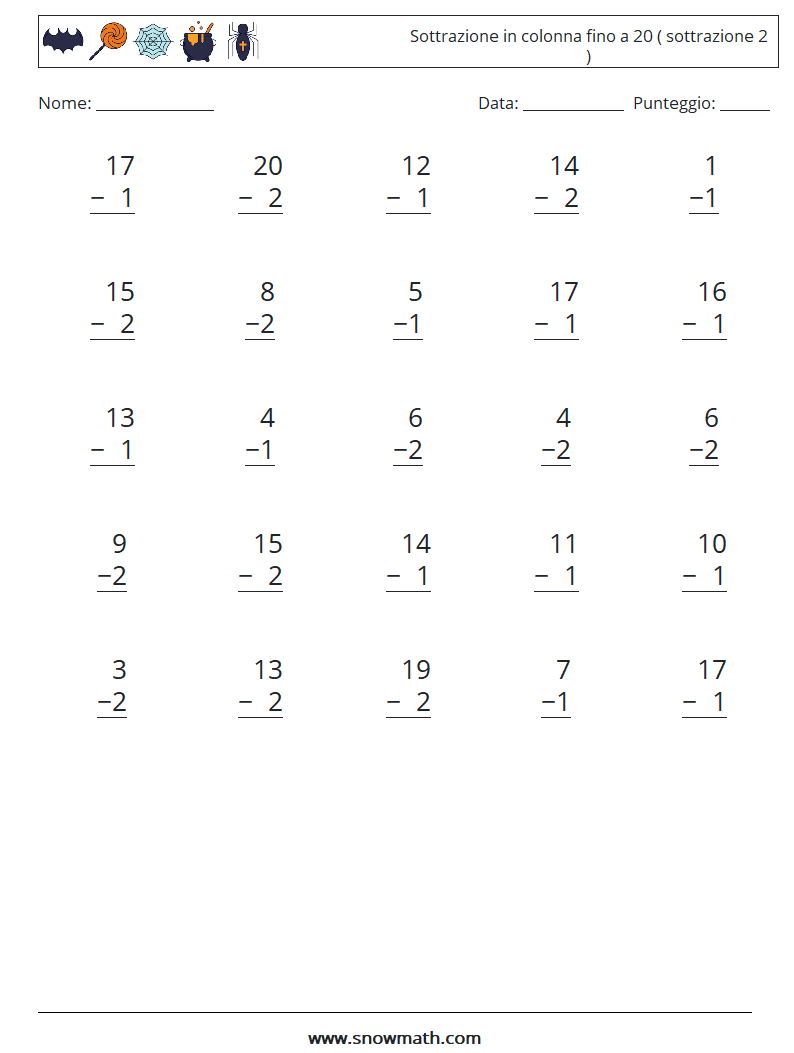 (25) Sottrazione in colonna fino a 20 ( sottrazione 2 ) Fogli di lavoro di matematica 15