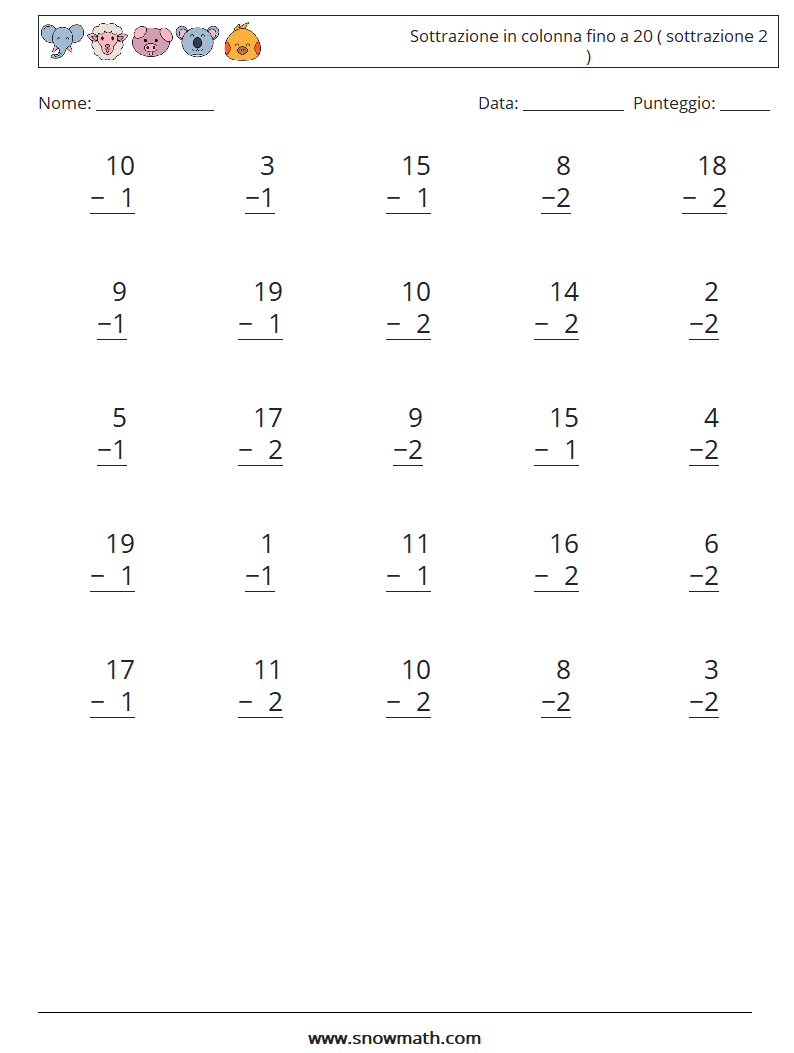 (25) Sottrazione in colonna fino a 20 ( sottrazione 2 ) Fogli di lavoro di matematica 16