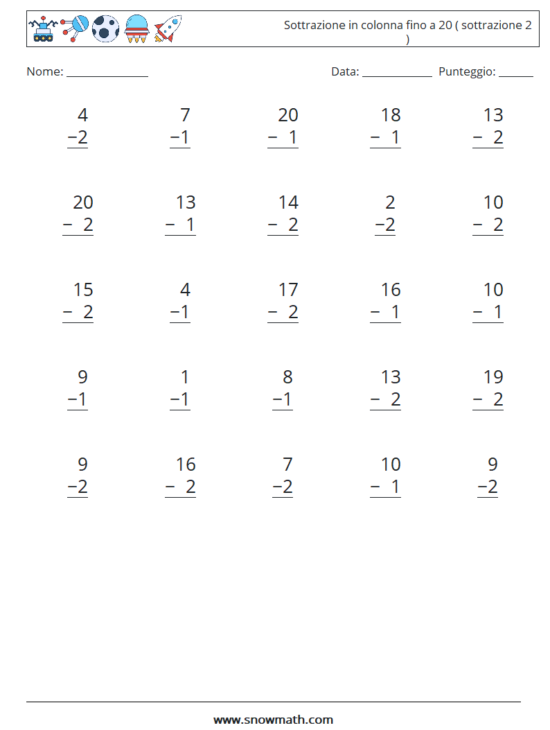 (25) Sottrazione in colonna fino a 20 ( sottrazione 2 ) Fogli di lavoro di matematica 18