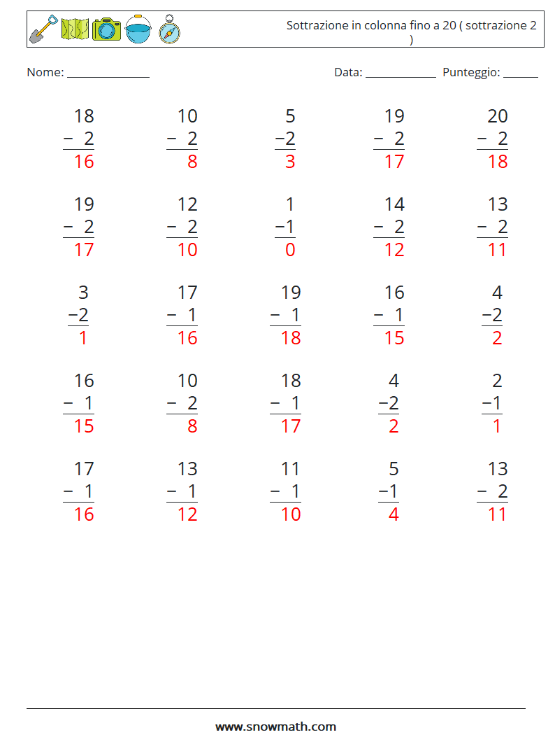 (25) Sottrazione in colonna fino a 20 ( sottrazione 2 ) Fogli di lavoro di matematica 1 Domanda, Risposta