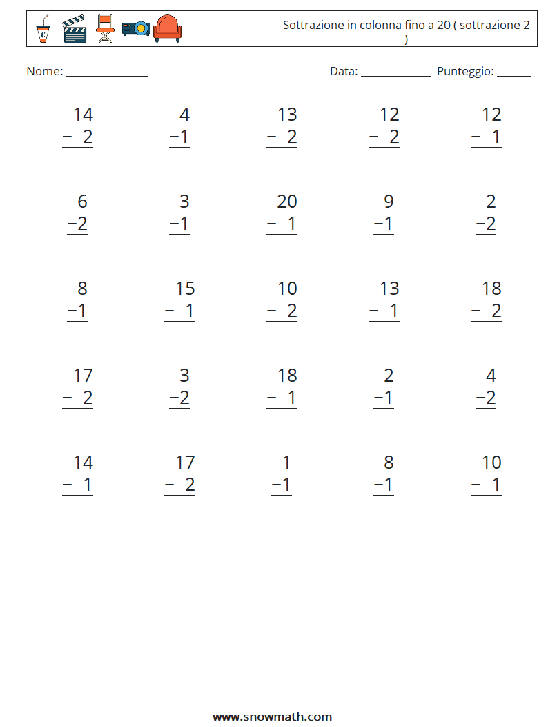 (25) Sottrazione in colonna fino a 20 ( sottrazione 2 ) Fogli di lavoro di matematica 2