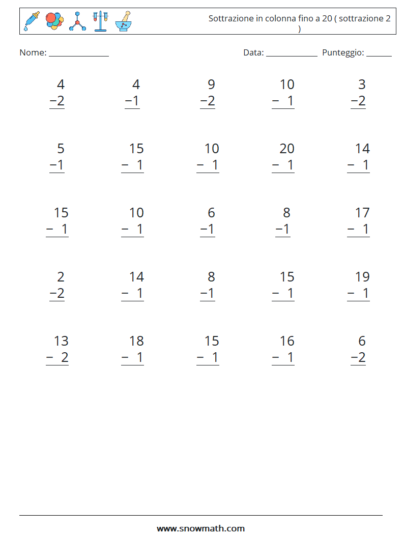 (25) Sottrazione in colonna fino a 20 ( sottrazione 2 ) Fogli di lavoro di matematica 3