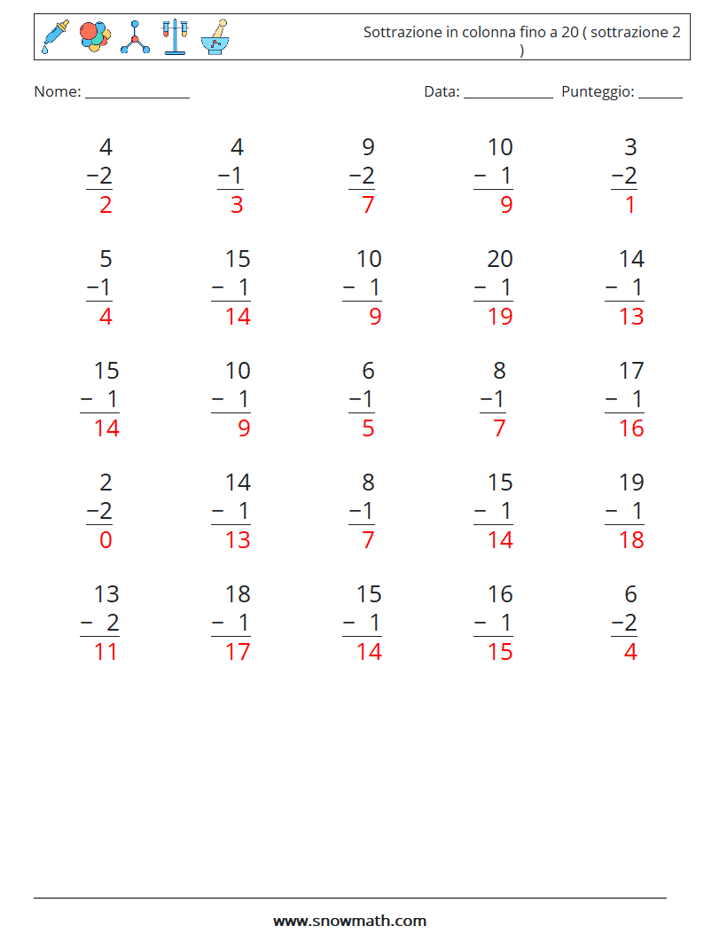 (25) Sottrazione in colonna fino a 20 ( sottrazione 2 ) Fogli di lavoro di matematica 3 Domanda, Risposta