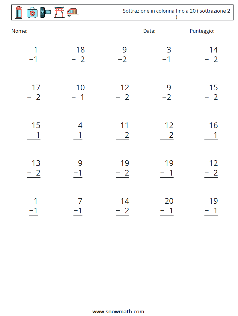 (25) Sottrazione in colonna fino a 20 ( sottrazione 2 ) Fogli di lavoro di matematica 4