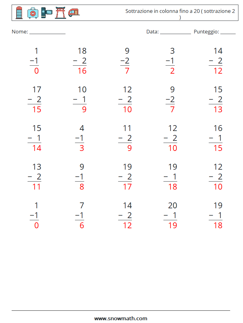 (25) Sottrazione in colonna fino a 20 ( sottrazione 2 ) Fogli di lavoro di matematica 4 Domanda, Risposta