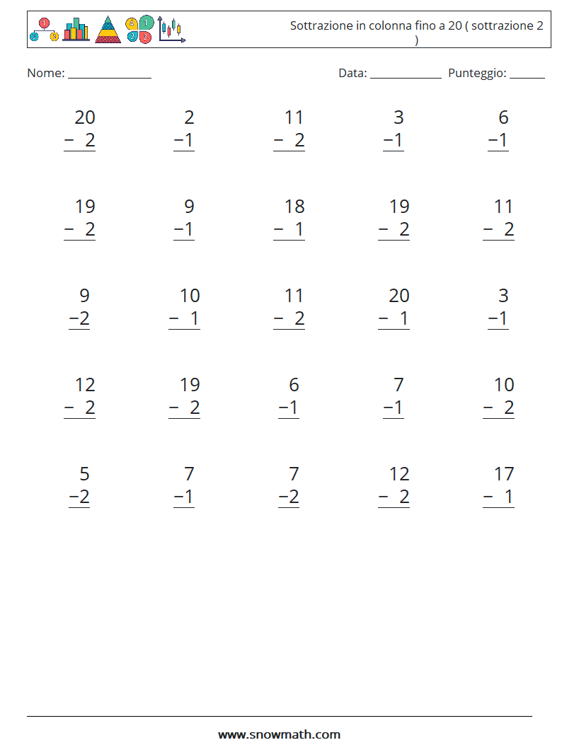 (25) Sottrazione in colonna fino a 20 ( sottrazione 2 ) Fogli di lavoro di matematica 5
