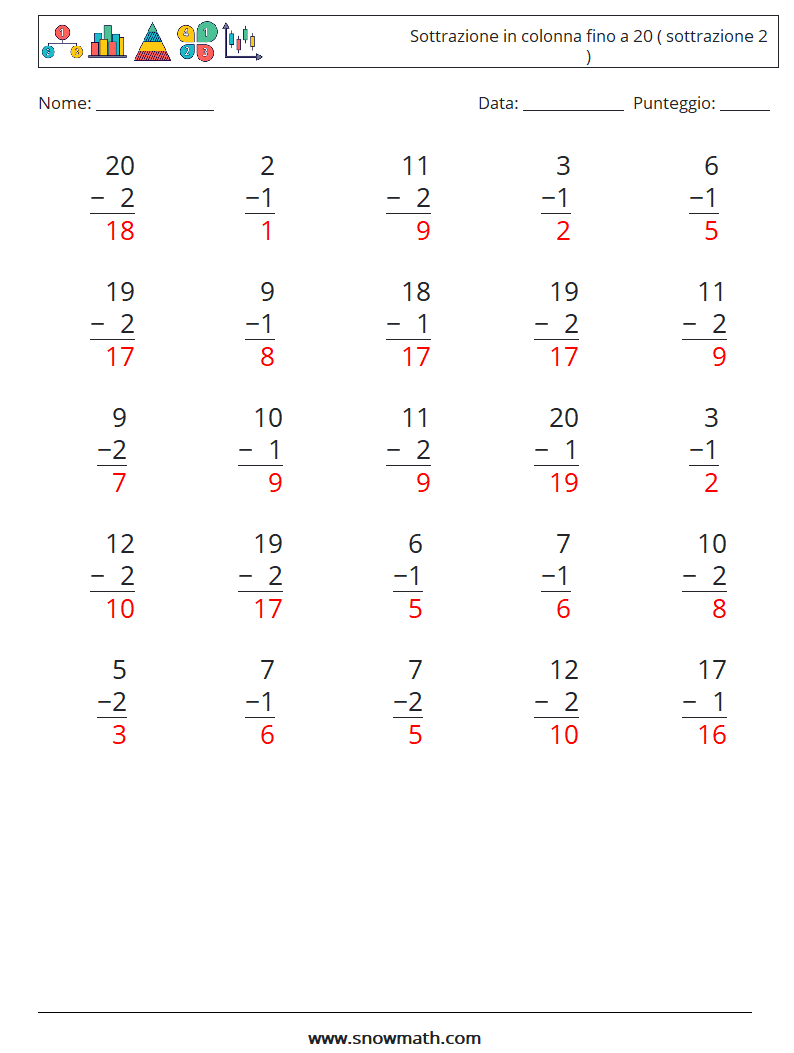 (25) Sottrazione in colonna fino a 20 ( sottrazione 2 ) Fogli di lavoro di matematica 5 Domanda, Risposta