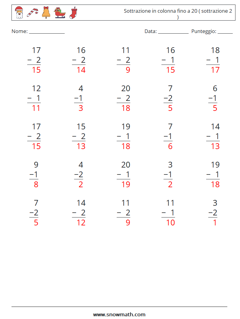 (25) Sottrazione in colonna fino a 20 ( sottrazione 2 ) Fogli di lavoro di matematica 6 Domanda, Risposta