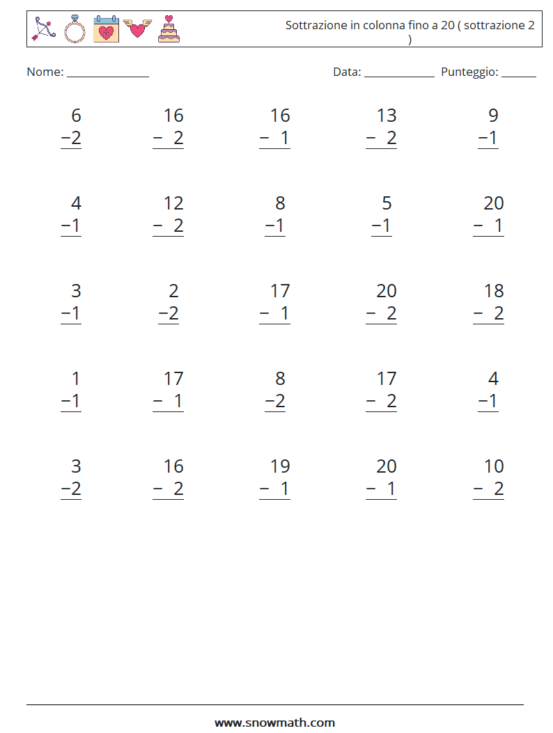 (25) Sottrazione in colonna fino a 20 ( sottrazione 2 ) Fogli di lavoro di matematica 7