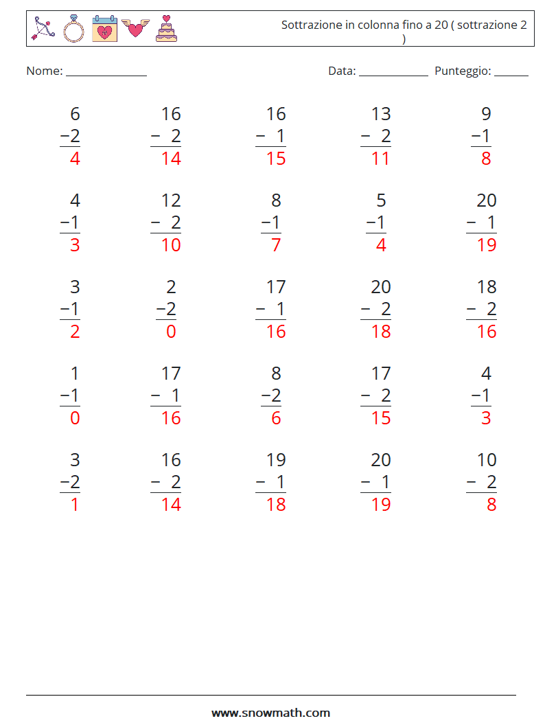 (25) Sottrazione in colonna fino a 20 ( sottrazione 2 ) Fogli di lavoro di matematica 7 Domanda, Risposta