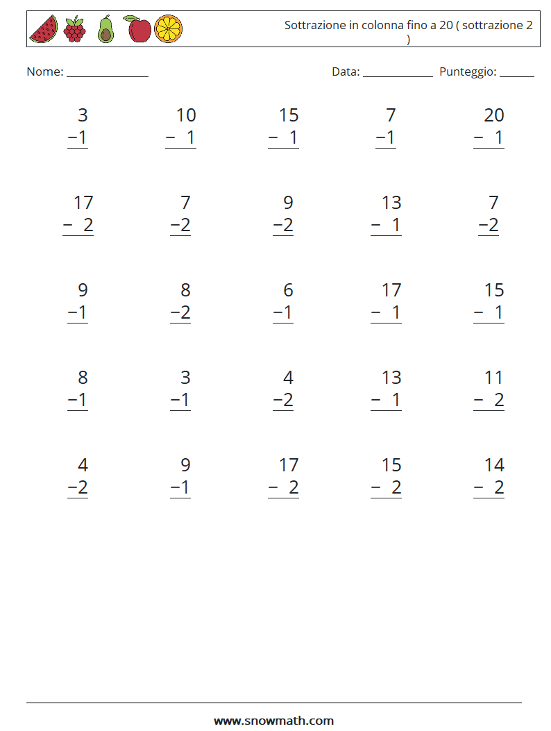 (25) Sottrazione in colonna fino a 20 ( sottrazione 2 ) Fogli di lavoro di matematica 8