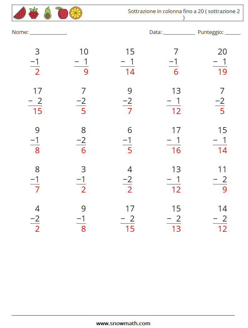 (25) Sottrazione in colonna fino a 20 ( sottrazione 2 ) Fogli di lavoro di matematica 8 Domanda, Risposta
