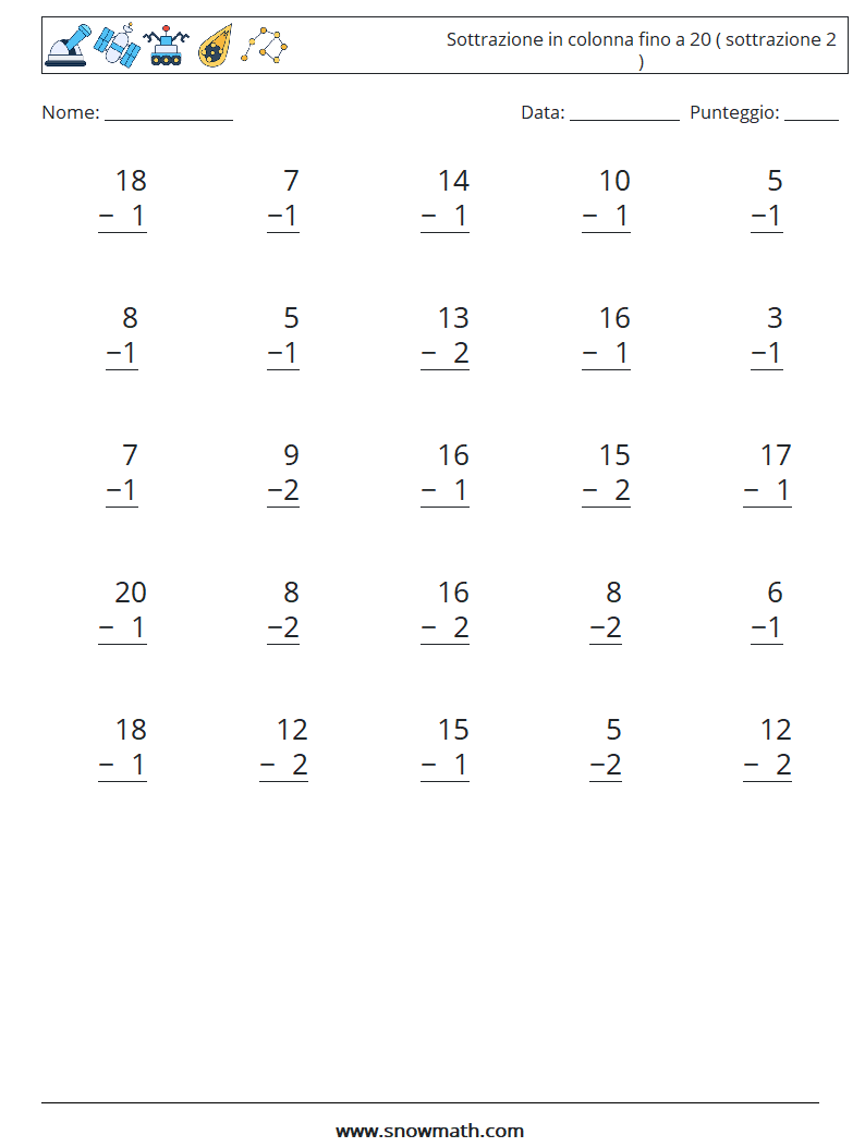 (25) Sottrazione in colonna fino a 20 ( sottrazione 2 ) Fogli di lavoro di matematica 9