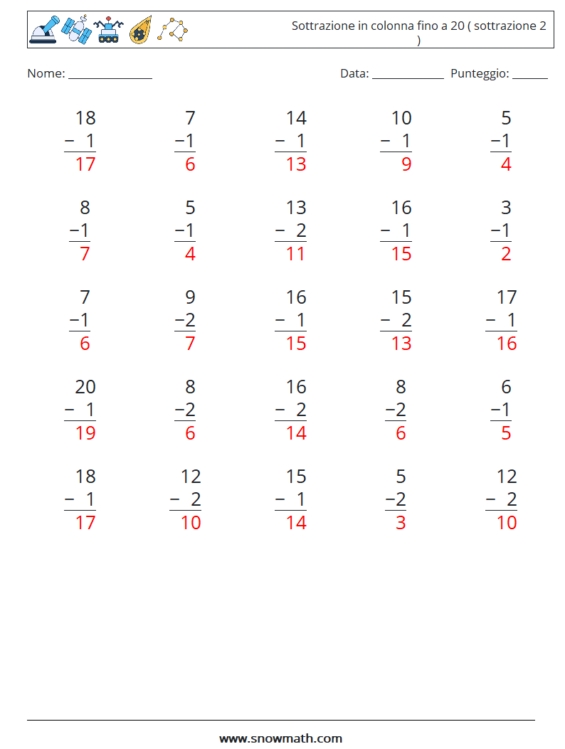 (25) Sottrazione in colonna fino a 20 ( sottrazione 2 ) Fogli di lavoro di matematica 9 Domanda, Risposta