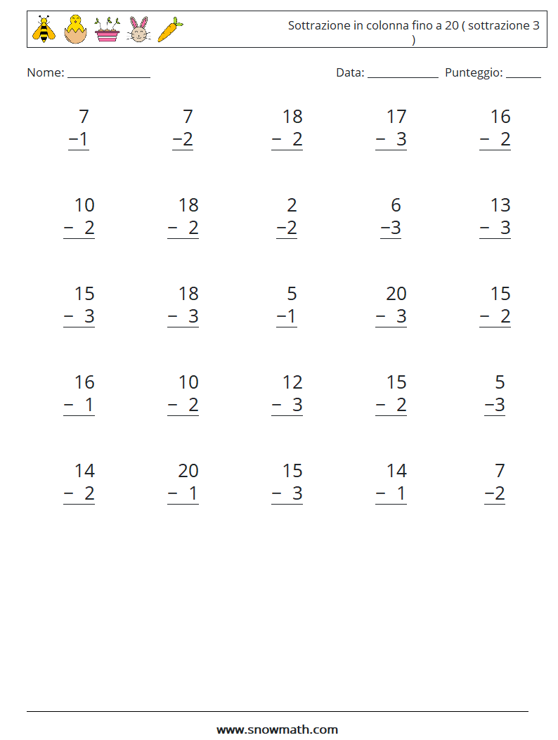 (25) Sottrazione in colonna fino a 20 ( sottrazione 3 ) Fogli di lavoro di matematica 1