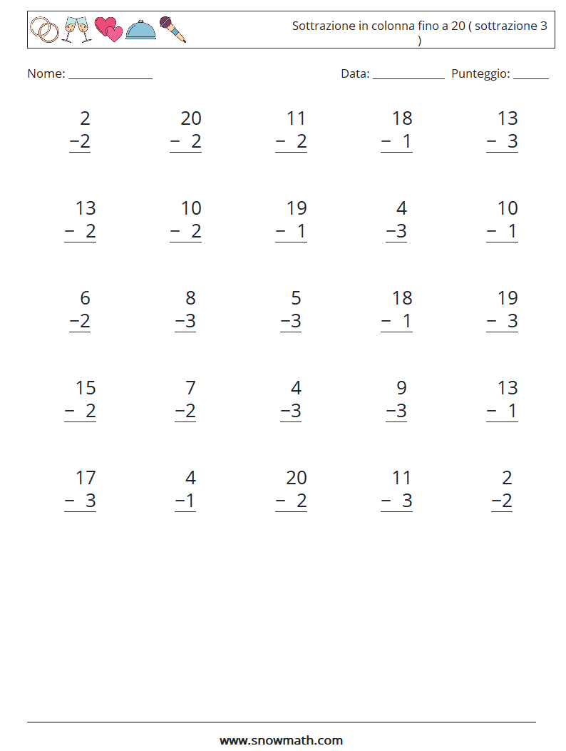 (25) Sottrazione in colonna fino a 20 ( sottrazione 3 ) Fogli di lavoro di matematica 10