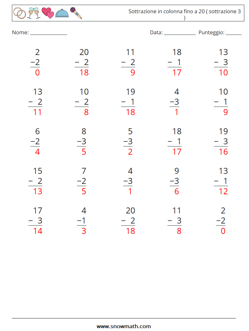 (25) Sottrazione in colonna fino a 20 ( sottrazione 3 ) Fogli di lavoro di matematica 10 Domanda, Risposta