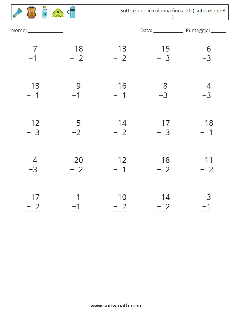 (25) Sottrazione in colonna fino a 20 ( sottrazione 3 ) Fogli di lavoro di matematica 11