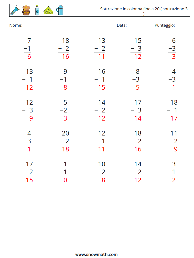 (25) Sottrazione in colonna fino a 20 ( sottrazione 3 ) Fogli di lavoro di matematica 11 Domanda, Risposta