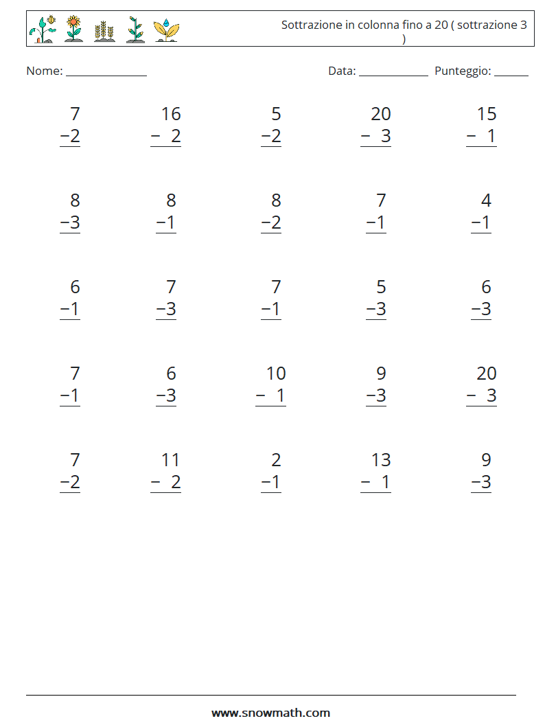 (25) Sottrazione in colonna fino a 20 ( sottrazione 3 ) Fogli di lavoro di matematica 12