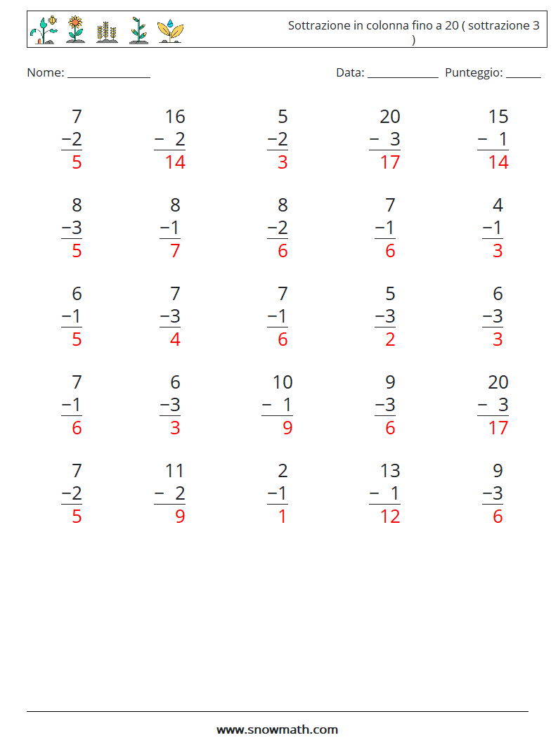 (25) Sottrazione in colonna fino a 20 ( sottrazione 3 ) Fogli di lavoro di matematica 12 Domanda, Risposta
